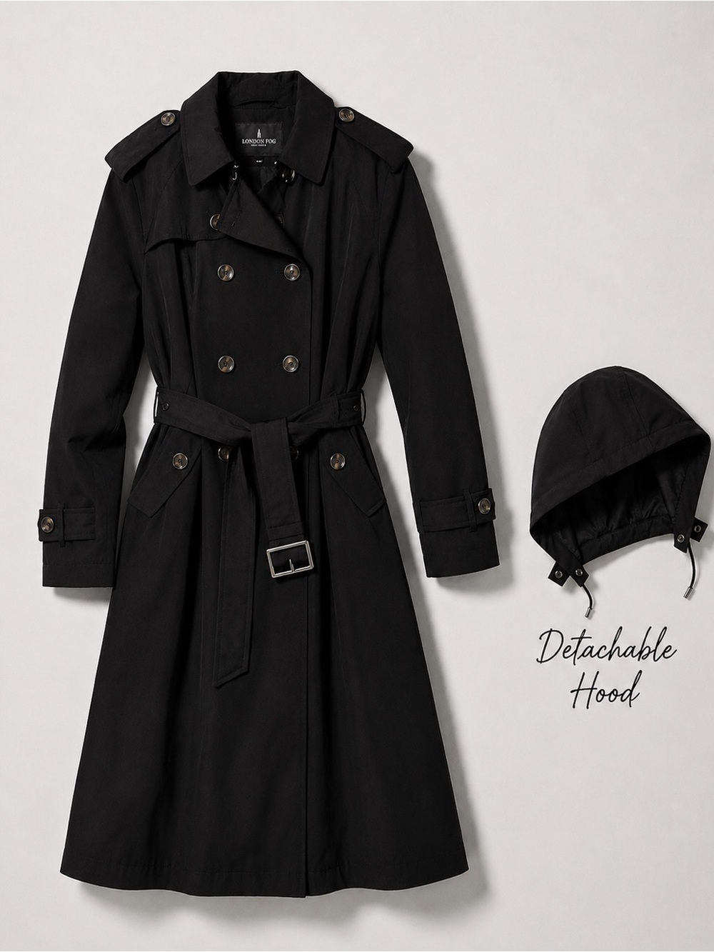 London Fog XL Black Trench Coat Detachable Hood Belted Classic NWOT